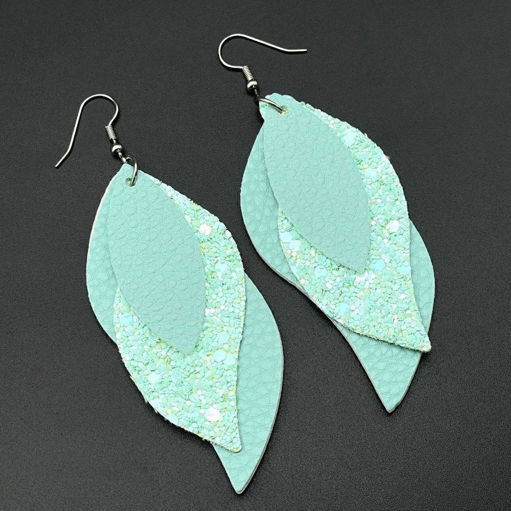 Green Faux Leather with Sequin Layered Leaf 316L Stainless Steel Hook Earrings
